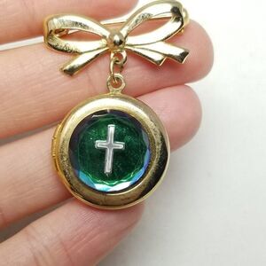 Vintage Round Locket Brooch with Cross Rainbow Color Glass, Gold Tone Lapel Pin